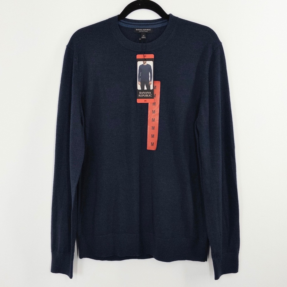 Banana Republic Merino Wool Sweater Men's Medium Navy Crew Neck Lightweight NWT